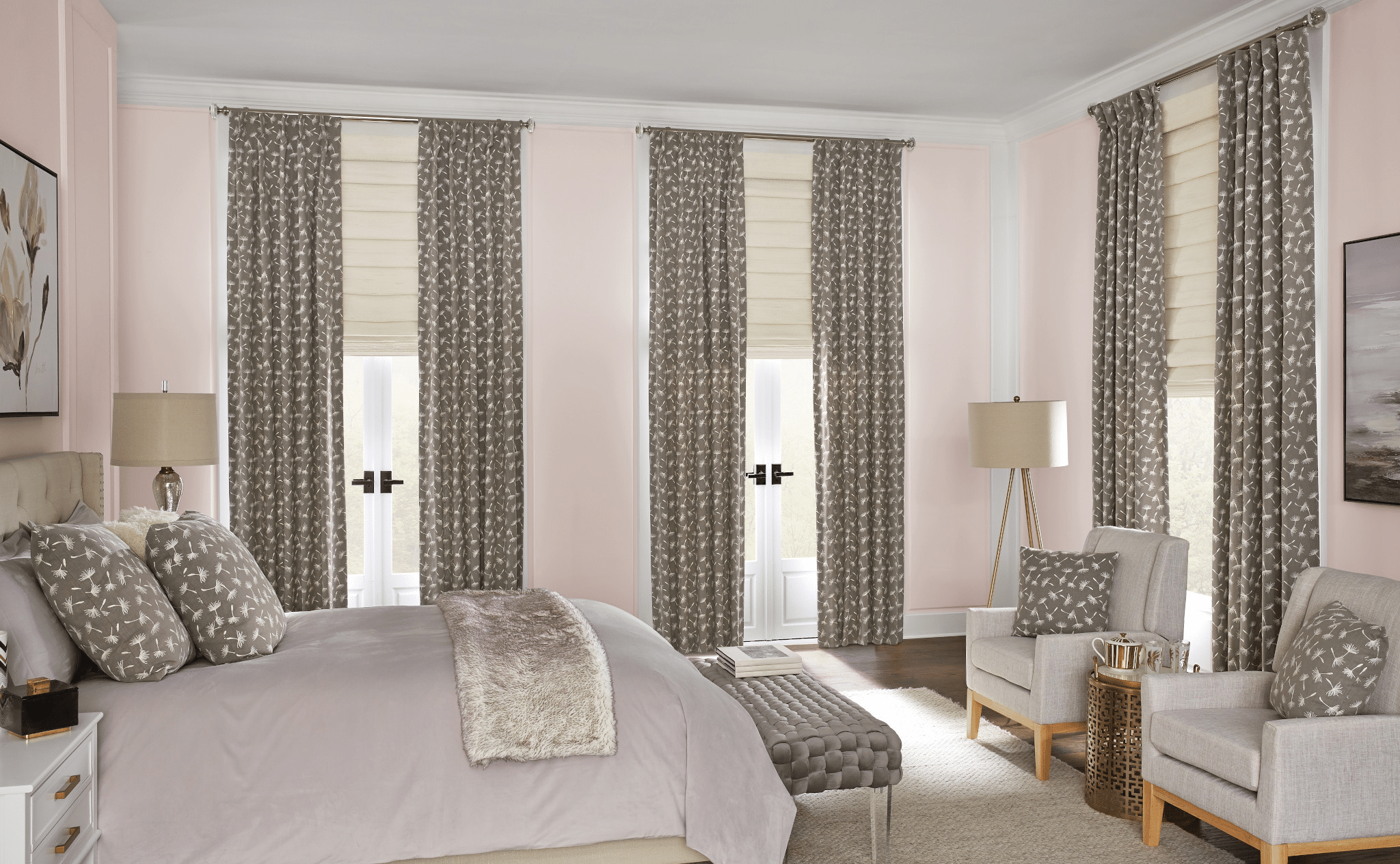 grey drapery and roman shades